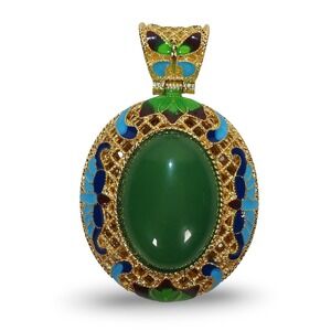 SJ Pearl Large Green Agate Enamel Pendant Gold Tone Filigree Statement Jewelry